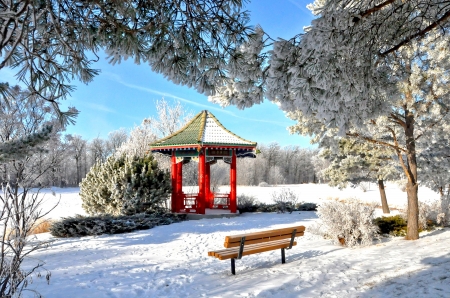 Winter park - frost, snow, beautiful, rest, park, winter, bench, gazebo