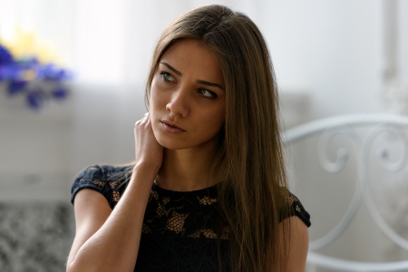 Unknown Model - woman, women, black dress, touching face, straight hair, long hair, tanned, model, depth of field, face, looking away, portrait, beautiful