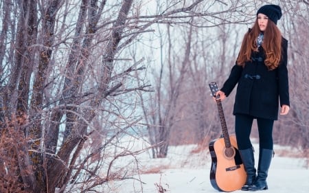 Unknown Model - woman, guitar, winter, outdoors, model, gorgeous, cold, forest, beautiful, snow