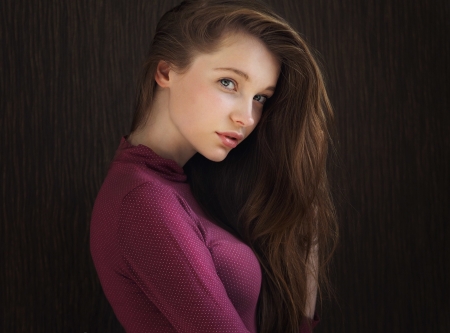 Christina Vostruhina - pretty, studio, eyes, light, charming, face, violet, nice, Christina Vostruhina, girl, portrait, beauty, the beauty, brown hair, hair, russian, lips, sweetheart, model, blue-eyed, background, sweatshirt