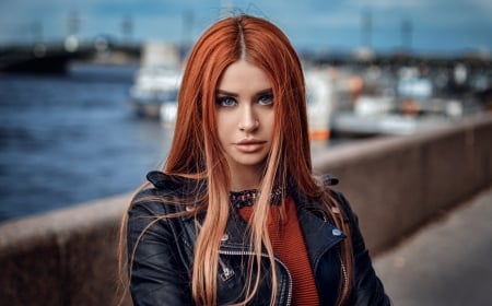 Unknown Model - water, beautiful, sea, harbor, ocean, redhead, gorgeous, woman, model