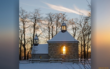 Church at Winter Sunset - trees, church, snow, winter, sunset