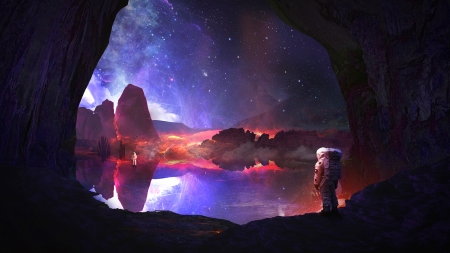 Discovery - Astronaut, Planet, Purple, Space, Night, Orange, Stars, Blue, Discovery, Colors, Cave, Sci-fi, Galaxy, Pink, Sky