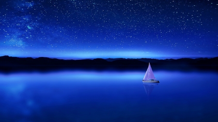 Sailing Blues - blue, boat, sea, ocean, stars, sailing, Firefox Persona theme, sailboat, mountains, sky