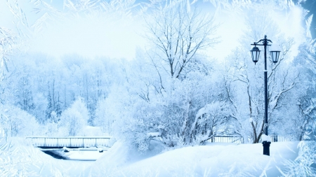 Winter Day - branches, trees, frost, snow, winter, bridge, lamp post