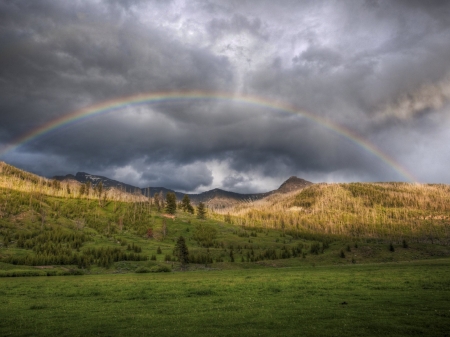 Rainbow Above the Mountains - nature, sky, rainbow, forest, mouintains, summer