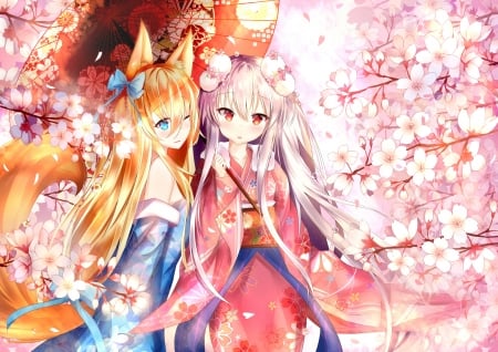 Girls - anime, sakura, blossom, ears, fox, girl, kimono, flower, pink, orange, manga