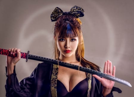 Samurai girl - girl, sword, samurai, black, woman, model, katana, bow, asian