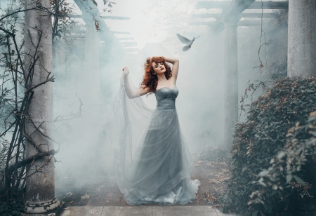 Beauty - bird, dove, dress, girl, white, redhead, mist, woman, model