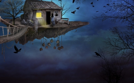 Gothic Fantasy House - flying, art, girl, night, cabin, ravens, skulls