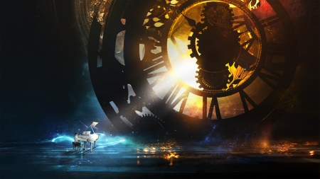 Clockwork - clockwork, clock, dark, abstract, piano, time, kid, blue, fantasy, playing, clocks, orange