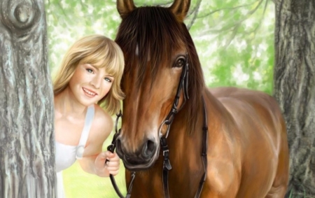 Beautiful Cowgirl And Horse - Cowgirl, Blonde, Beautiful, Women, Pretty, Brown, Horse