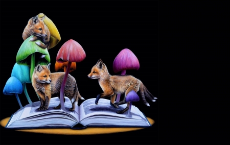 Foxes and mushrooms - mushroom, vulpe, colorful, black, fantasy, book, fox, art, yellow, pink, luminos, green, jacub gagnon