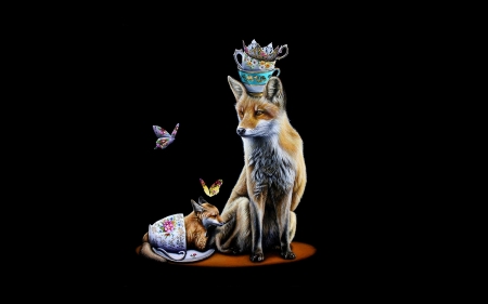 Tea time - cub, vulpe, fantasy, cup, fox, butterfly, luminos, jacub gagnon, cute