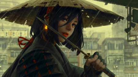 Samurai - hat, girl, rain, guweiz, fantasy, face, art, dark, katana, luminos, sword