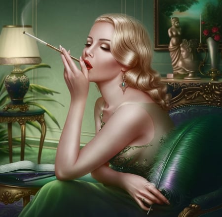 La blonde dans le vert - maksim larionov, girl, blonde, room, feather, lamp, lantern, frumusete, fantasy, green, art, luminos