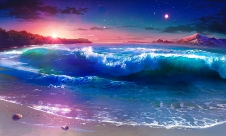 Sunrise - sunset, summer, wave, fantasy, blue, luminos, pink, anime, monorisu, sunrise, manga