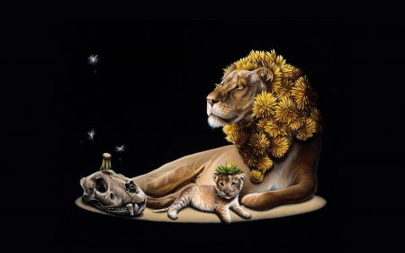 Lion with cub - skull, cub, lion, leu, black, fantasy, art, luminos, jacub gagnon, cute