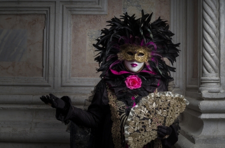 Venice Carnival - venice carnival, feather, pink, hand fan, fan, black, mask, girl