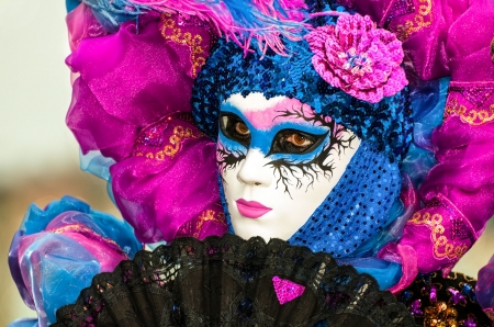 Venice Carnival - hand fan, blue, girl, fan, flower, pink, black, venice carnival, mask