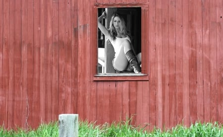 In The Barn . . - style, girls, western, women, window, models, ranch, cowgirl, fun, female, barn, boots, blondes