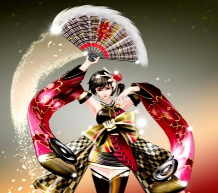 Golden Girl And Hand Fan - woman, fan, red, hand, anime, gold