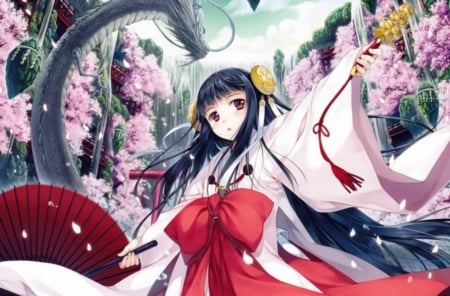 Dragon Girl - anime, dragon, hand fan, girl