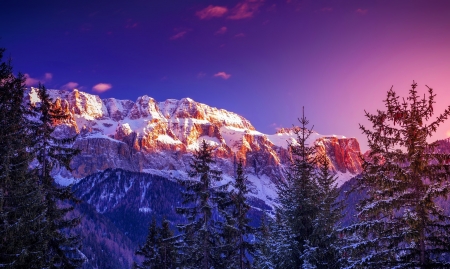 Majestic mountain peaks in winter - trees, winter, beautiful, majestic, snow, peaks, mountain, sunset, view, sky, rocks