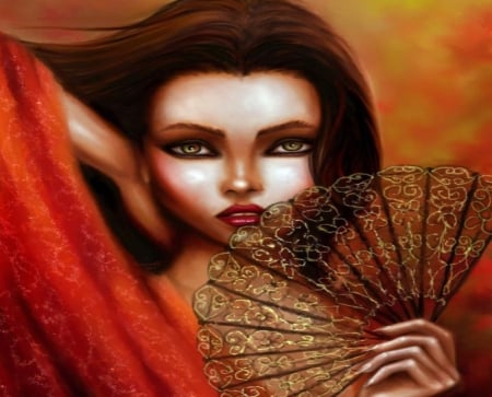 Lady With Hand Fan - red, lady, fantasy, fan, hand, brunette, woman