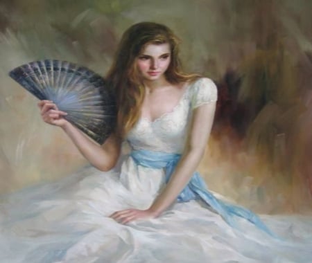 Lady In Hand Fans - Ladies, Beautiful, White, Blue, Fans, Hand