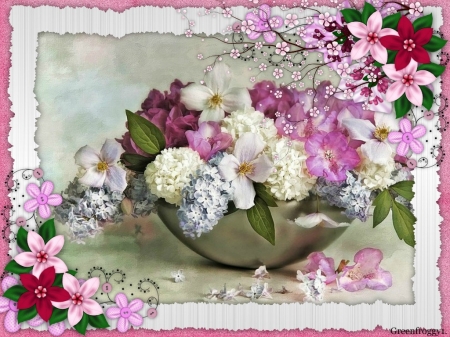 BOWL OF FLOWERS - flowers, pretty, bowl, framed