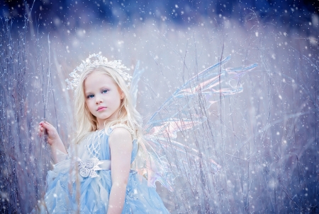 Little fairy - blue, girl, blonde, copil, sweet, child, white, wings, fairy, cute