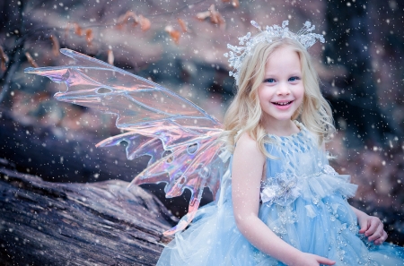 Little fairy - winter, blue, girl, copil, sweet, child, white, wings, iarna, fairy, cute