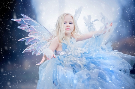 Little moon fairy - moon, girl, iarna, winter, wings, child, copil, white, blue, sweet, fairy, luna