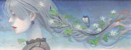 Spring - girl, miho hirano, chalk, fantasy, pasare, spring, bird, painting, art, swallow, draw, luminos, blue, pictura, green, flower