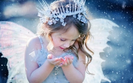 Little fairy - blue, girl, copil, sweet, child, white, hand, wings, fairy, cute