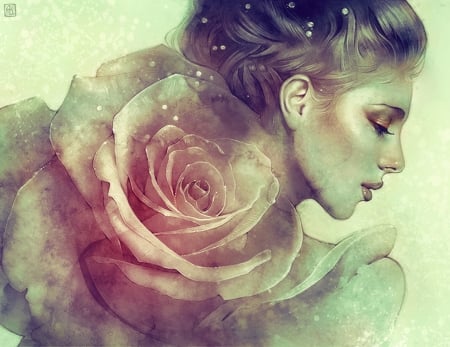 Rose - fantasy, anna dittmann, girl, portrait, rose, flower, luminos