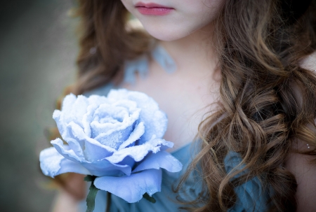 Blue rose - flower, copil, child, rose, trandafir, girl, blue