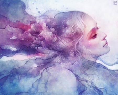 Evanescence - evanescence, blue, portrait, girl, pink, fantasy, anna dittmann, art, luminos