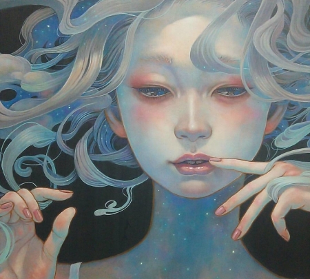 Mermaid - girl, miho hirano, summer, black, fantasy, face, hand, luminos, mermaid, blue