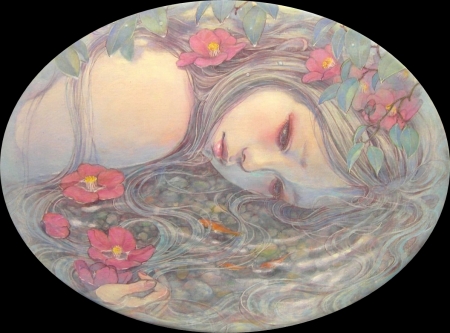 Mermaid - girl, miho hirano, water, summer, fantasy, mermaid, luminos, red, siren, flower