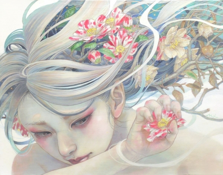 Spring - girl, miho hirano, fantasy, asian, spring, face, art, red, blue, luminos, flower