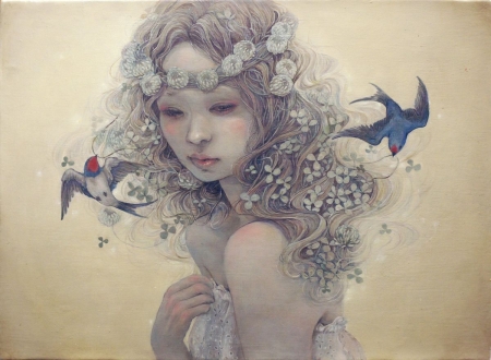 Spring - girl, miho hirano, fantasy, pasare, spring, bird, art, swallow, blue, luminos, flower