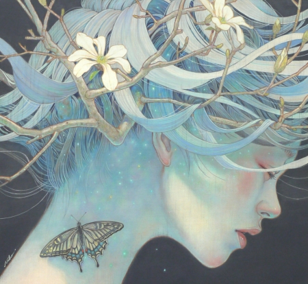 Spring - face, flower, spring, girl, blue, butterfly, miho hirano, branch, asian, luminos