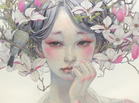 Magnolia - girl, miho hirano, asian, fantasy, pasare, spring, bird, face, art, pink, portrait, hand, luminos, rd, magnolia