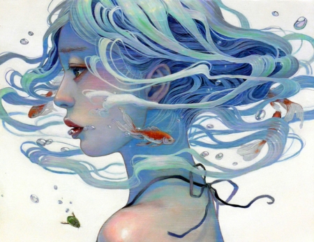 Mermaid - girl, miho hirano, summer, fantasy, asian, siren, blue, luminos, mermaid, fish, orange