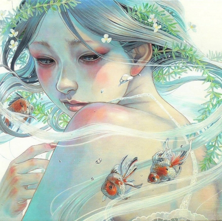 Mermaid - girl, miho hirano, summer, fantasy, asian, siren, blue, luminos, mermaid, fish, orange