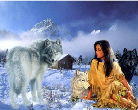 Native and Wolves - wolfpack, landscape, artwork, snow, winter, cabin, predators