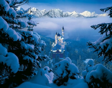 Castle Neuschwanstein in Winter - bavaria, clouds, snow, mountains, germany, mist