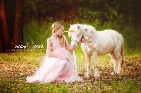 Princess and a little unicorn - princess, pony, girl, copil, child, loni smith, poney, horse, pink, cute, unicorn, dress